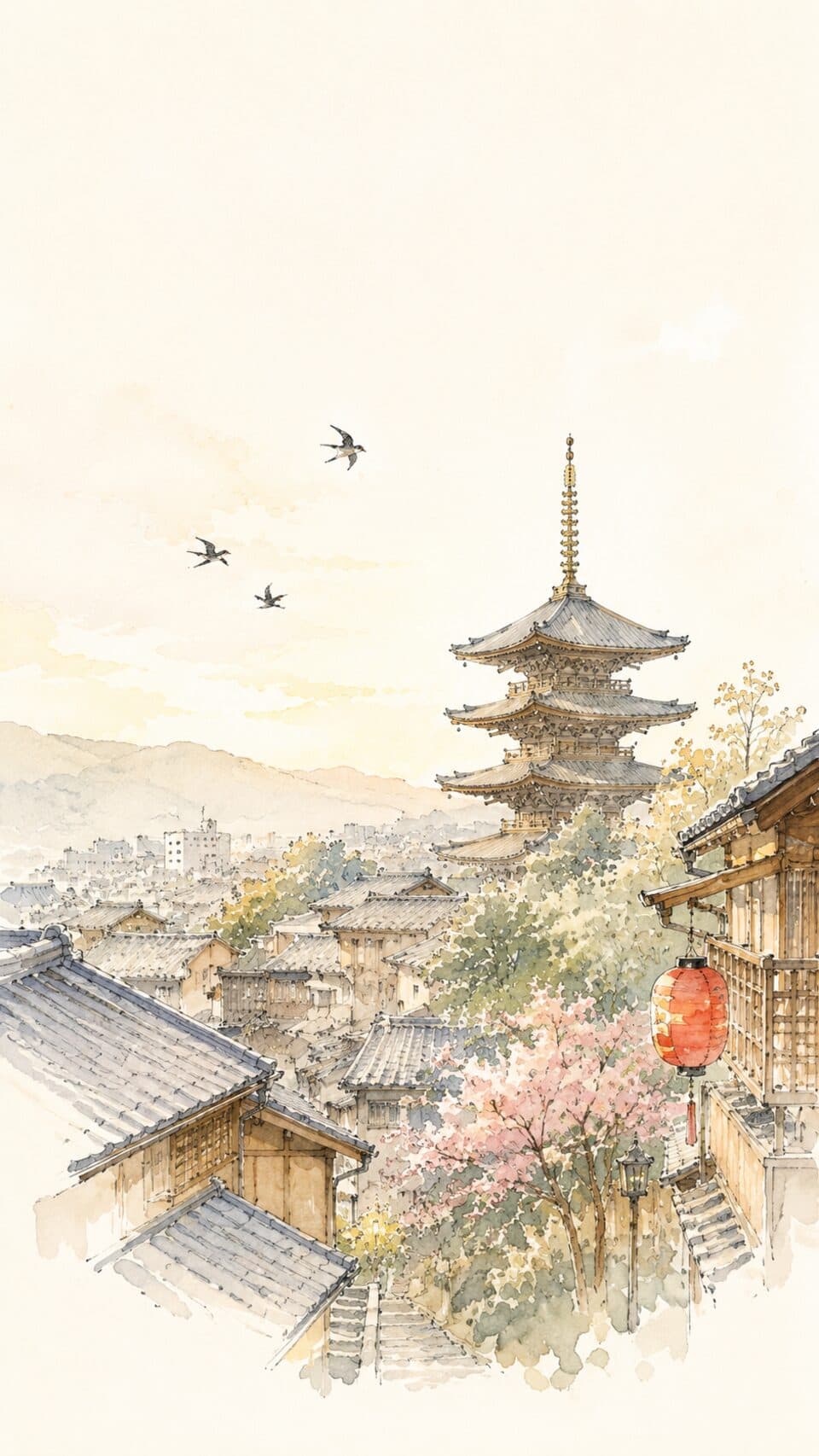 Watercolor of Kyoto rooftops and a pagoda at dusk
