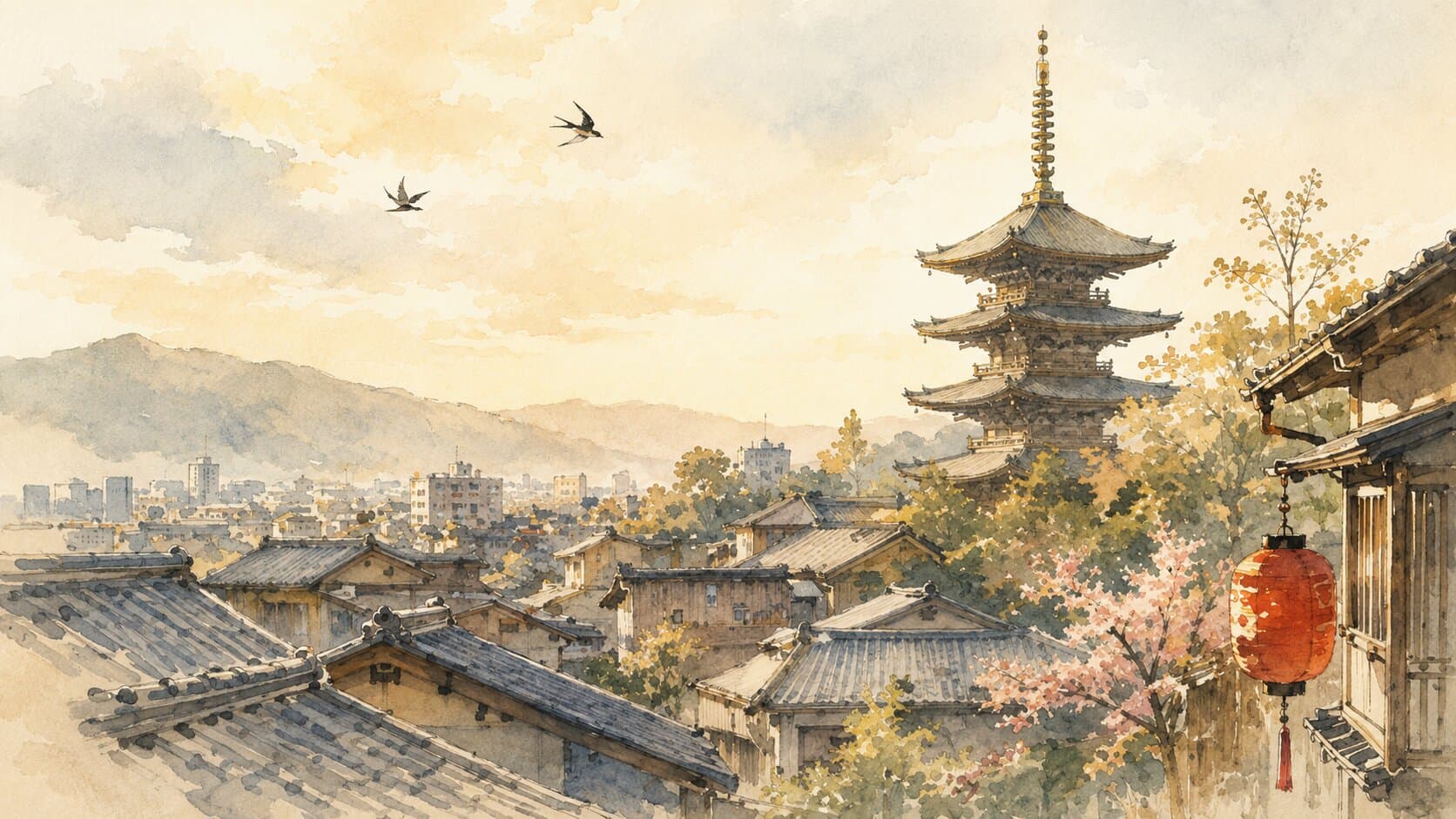 Watercolor of Kyoto rooftops and a pagoda at dusk